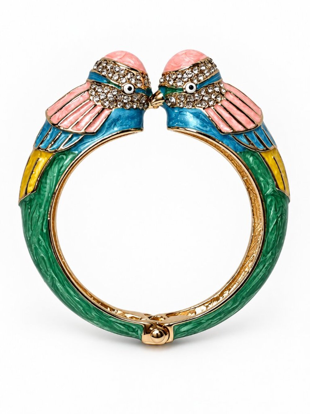 Kissing Parrot Enamel Rhinestone Hinged Bangle Maximalist Gold Tone Bracelet